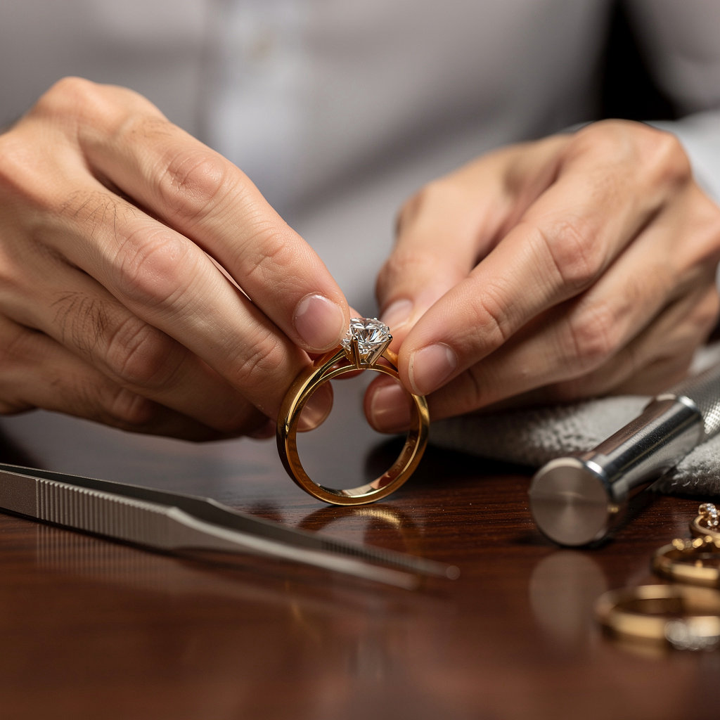 Golden West Jewelers expert jeweler examining a precious metal piece in our San Diego showroom